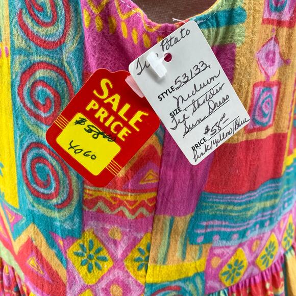 Vtg 80s 90s Two Potato Retro Artsy Midi Tiered Tie Shoulder Dress M Resort Wear - Picture 15 of 16